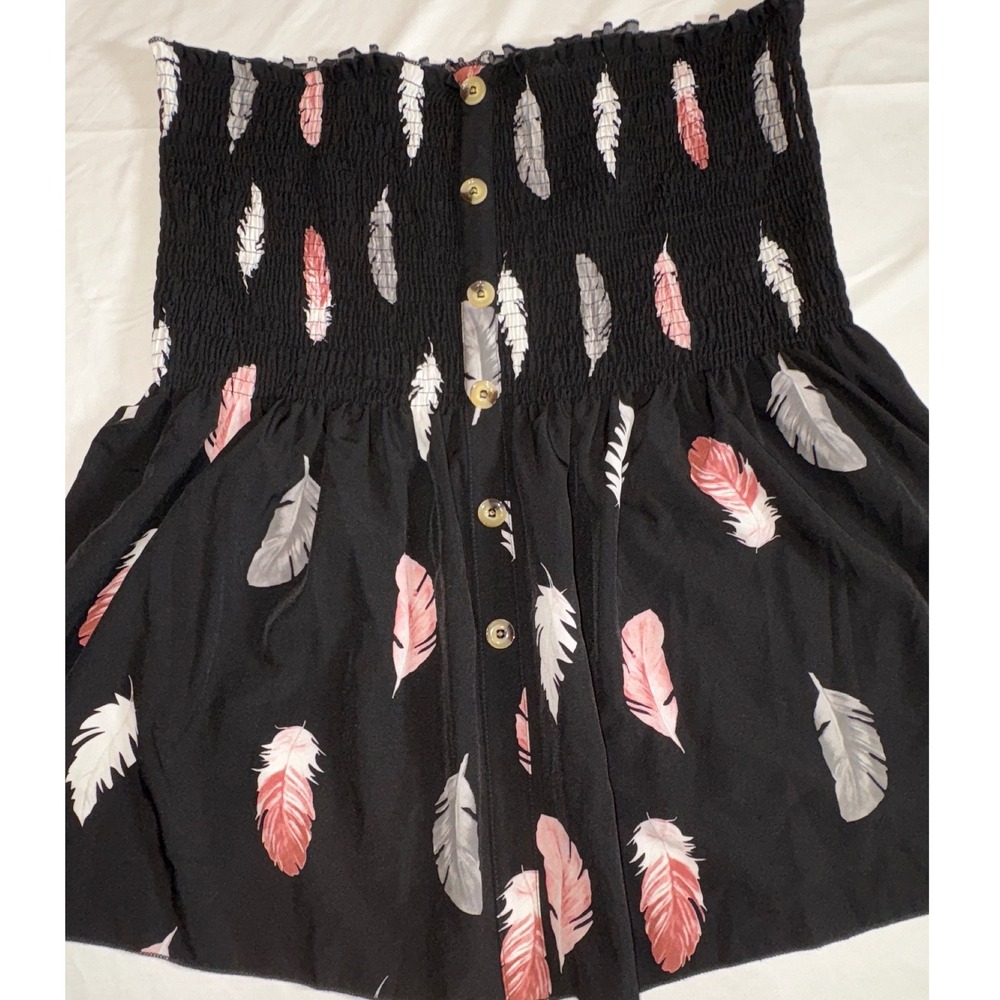SHEIN Curve Black Feather Print Smocked Waist Button Front Mini Skirt 4XL Boho
